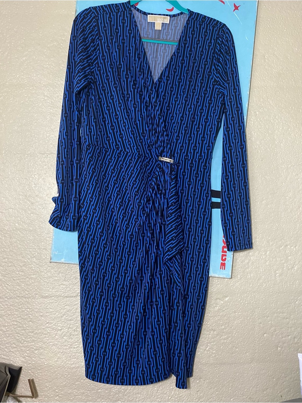 Michael Kors Blue and Black Patterned Wrap-Style Dress